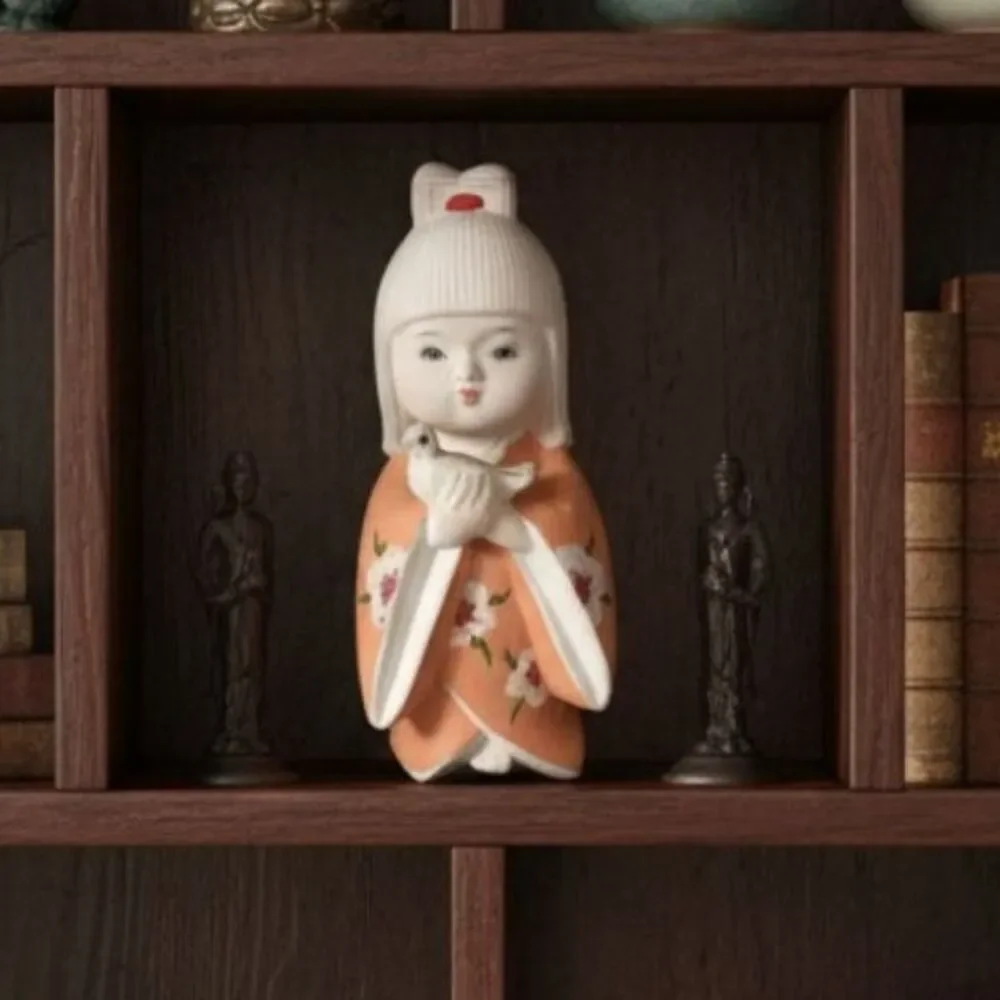 Vtg Japanese Doll Pottery Ornament Girl Hakata Showa Retro Holding Bird Japan